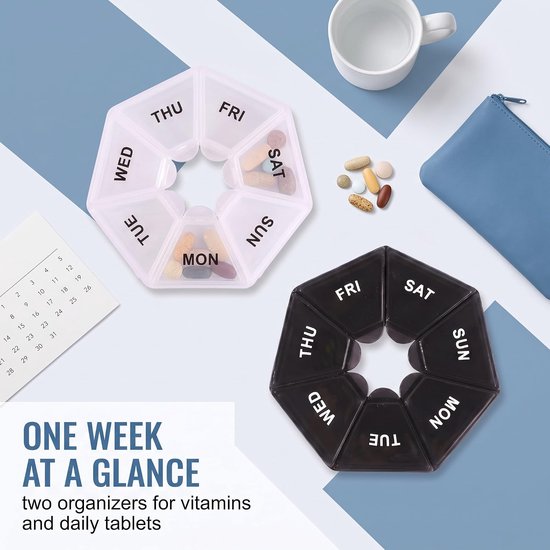 2 stuks pillendoosjes wekelijks 7 dagen, pillendoos met 7 vakken voor dag en nacht, draagbare medicijnorganizer voor vitamines, voedingssupplementen en visolie, zwart en wit — afbeelding 2