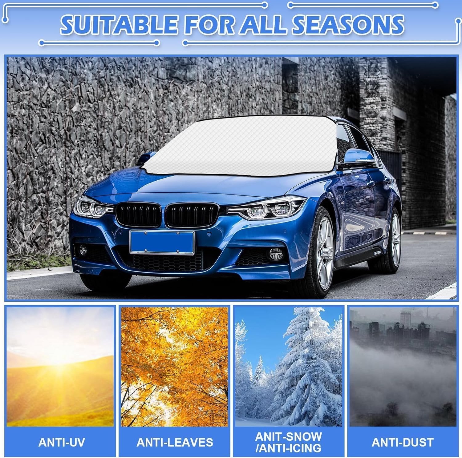 Zware Beschermhoes voor Autoruit 150 x 120 cm - Winterbescherming tegen Sneeuw, IJs en Vorst, Vouwbaar en Verwijderbaar met 2 Pistons