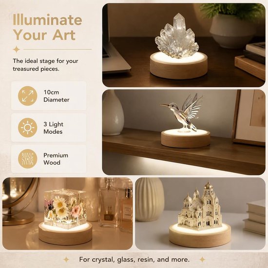 4 stuks LED onderzetters sokkel van hout: 10 cm 3 kleuren LED-lichtbasis, ronde dimbare houten led-lichtsokkel voor 3D kristalglas hars acryl kunst — afbeelding 4