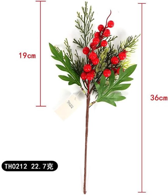 12 stuks kunstdennennaalden, takken, kerstbomen, nep-groenplectrums met rode bessenstengels, kunstgroen, Norfolk dennenstengels, takjes voor doe-het-zelf handwerk, woondecoratie, H — afbeelding 3