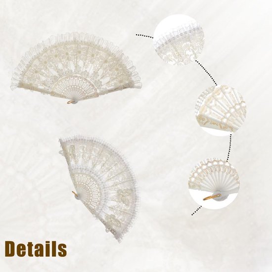 Vintage kanten waaier, elegante opvouwbare handwaaier voor dames, kanten waaier met bloemen, vlinders, parels, retro bruiloftswaaiers, bruiloftskostuum, theeparty, eindejaarsbal, feest — afbeelding 5