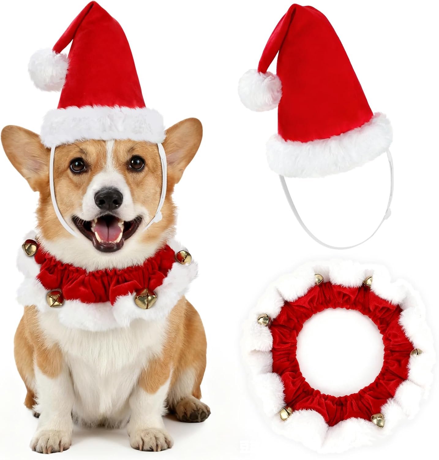Hondenmuts, kerstkraag met belletjes, hondenkerstoutfit, kattenkostuum, kleding, feestelijk kerstaccessoire voor kleine, middelgrote en grote honden, katten en huisdieren (M)