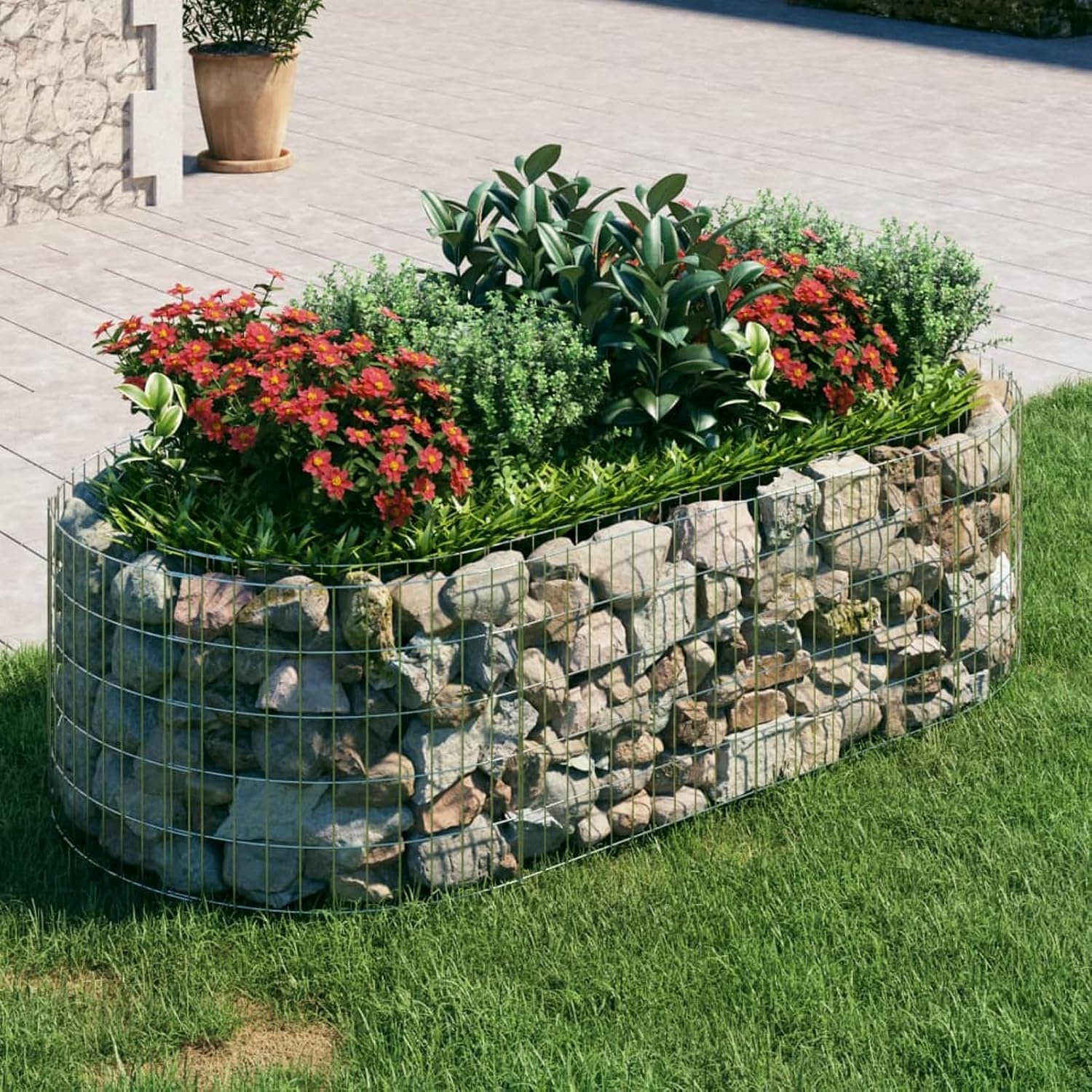 Schanskorven, verhoogd bloembed, schanskorf, grote plantenbak buiten, plantenmand, steenkorf, schanskorfzuil, schanskorfzuil voor tuin, terras, verzinkt ijzer, 200 x 100 x 50 cm