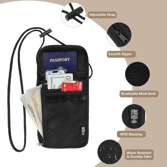 Paspoorthouder voor paspoort, reistas voor dames en heren met RFID-bescherming voor contant geld, creditcards, paspoorten, mobiele telefoons — afbeelding 2