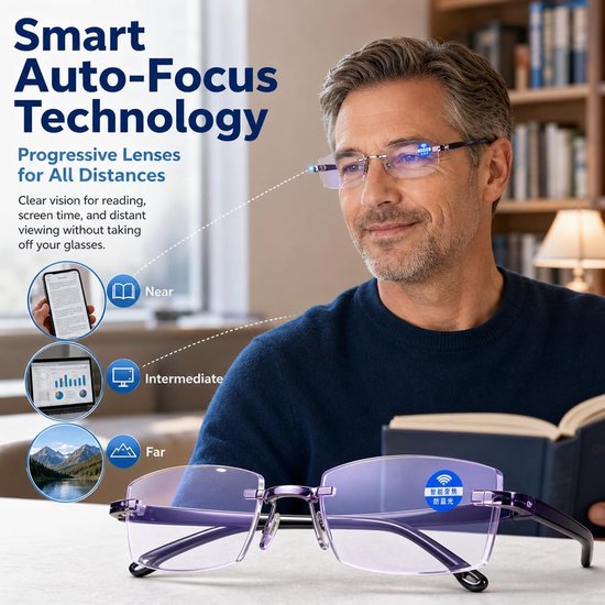2 stuks autofocus zoombril met zelfinstelling, multifocale glijdende bril voor dichtbij en ver, intelligente leesbril voor heren en dames, met licht PC-frame en 2 etuis — afbeelding 5
