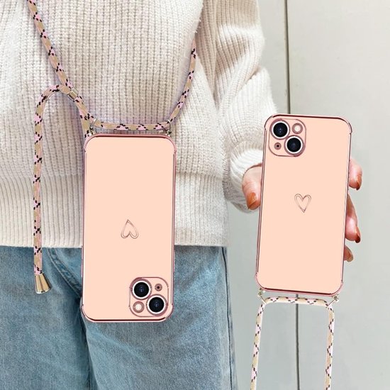 Micoden voor iPhone 15 Plus hoesje met riem crossbody sleutelkoord koord nek schattig hart voor meisjes vrouwen houder met ketting siliconen schokbestendige hoes voor iPhone 15 Plus roze — afbeelding 2