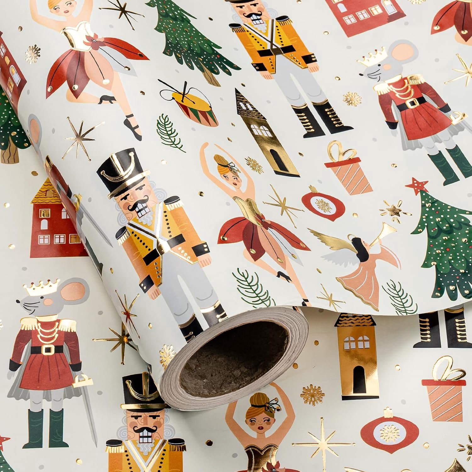 RUSPEPA Lichtgroen Notenkraker Kerst Inpakpapier - Mini Roll - 43,2 cm x 5 m - Goudfolie Ballerina en Notenkraker Inpakpapier voor Kerstmis, Kids Cade