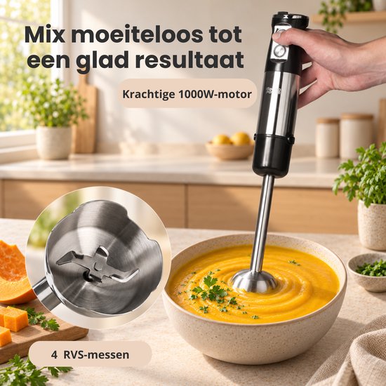 Goodforce 7 delige Staafmixerset - Inclusief Hakmolen, garde, melkopschuimer, klopper & Maatbeker - krachtig & vaatwasserbestendig - 12 snelheden + turbofunctie - 1000W - PFAS-vrij van GoodForce — afbeelding 3