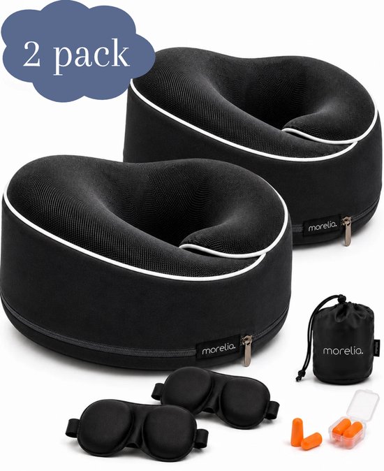 Lot de 2 coussins de voyage gris foncé avec bordure blanche, masque de sommeil et bouchons d'oreilles inclus.