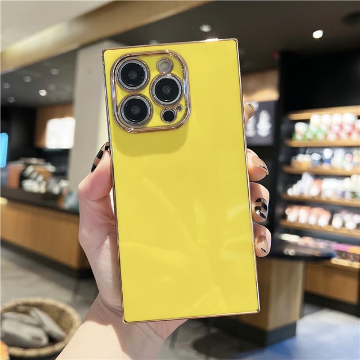Luxe plating vierkant frame kleur telefoonhoesje voor iPhone 15 14 13 12 11 Pro X Xs Xr Max 7 8 Plus SE zachte schokbestendige achterkant, geel, voor iPhone 7 8