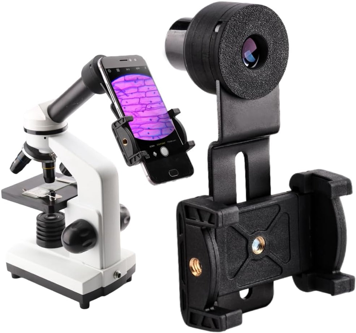 23,2 mm Microscoop Telefoonhouder met geïntegreerd WF16x Widefield Oculair, bedrukte kop uit één stuk, frame van aluminiumlegering, veerklem - past op 0,9 inch oculairbuizen