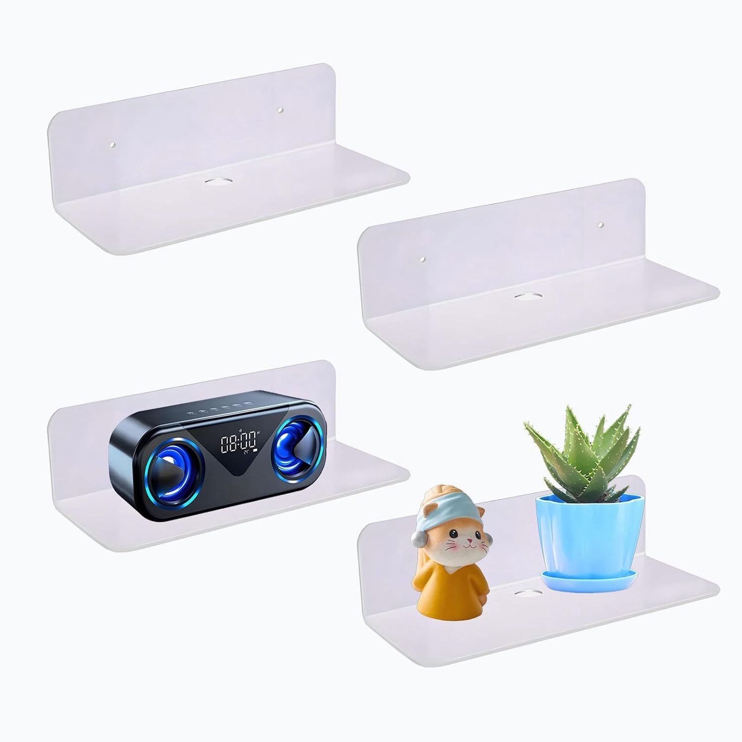 Set van 4 Zwevende Wandplanken zonder Boren, Kleine Acrylplanken voor Slaapkamer, Badkamer, Keuken en Woonkamer, Ideaal voor Opberging en Decoratie