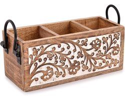 Indus Lifespace Mangohout 3 compartimenten bestekbakken multifunctionele desktop caddy voor keuken aanrecht bureau (27,94 cm x 10,16 cm x 11,43 cm)