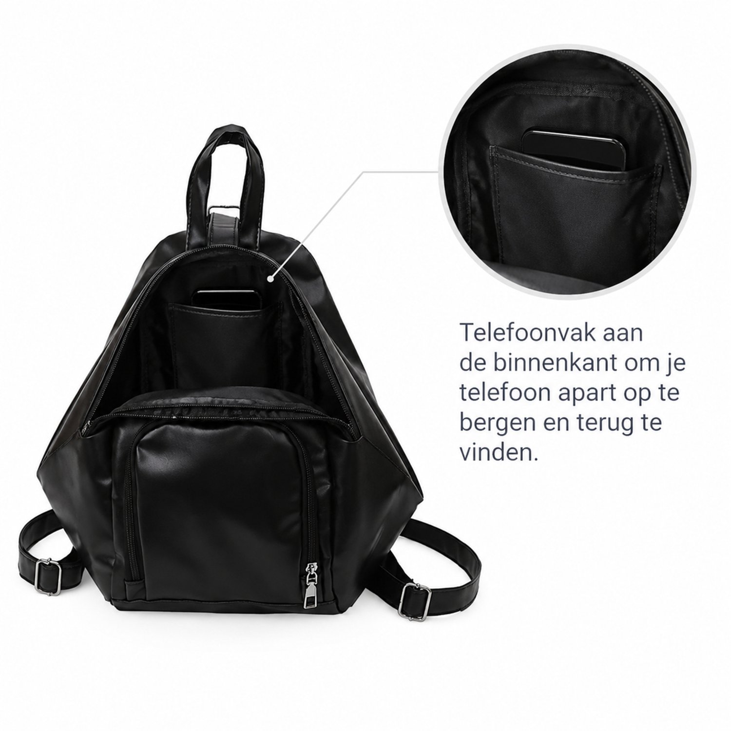 Rugzak - zwart - met buitenvak en telefoonvak - voor dagelijks gebruik