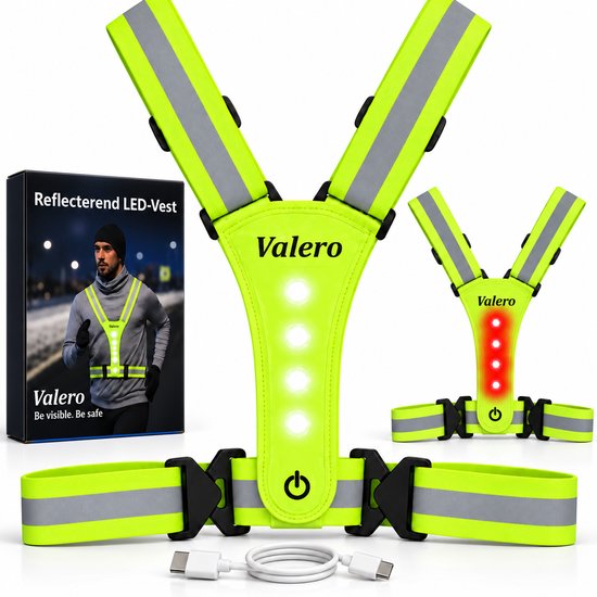 Geel Valero LED hardloopvest met reflecterende banden, 5 witte LED's op de borst, rode LED's op de rug, USB-C kabel en de verpakking.