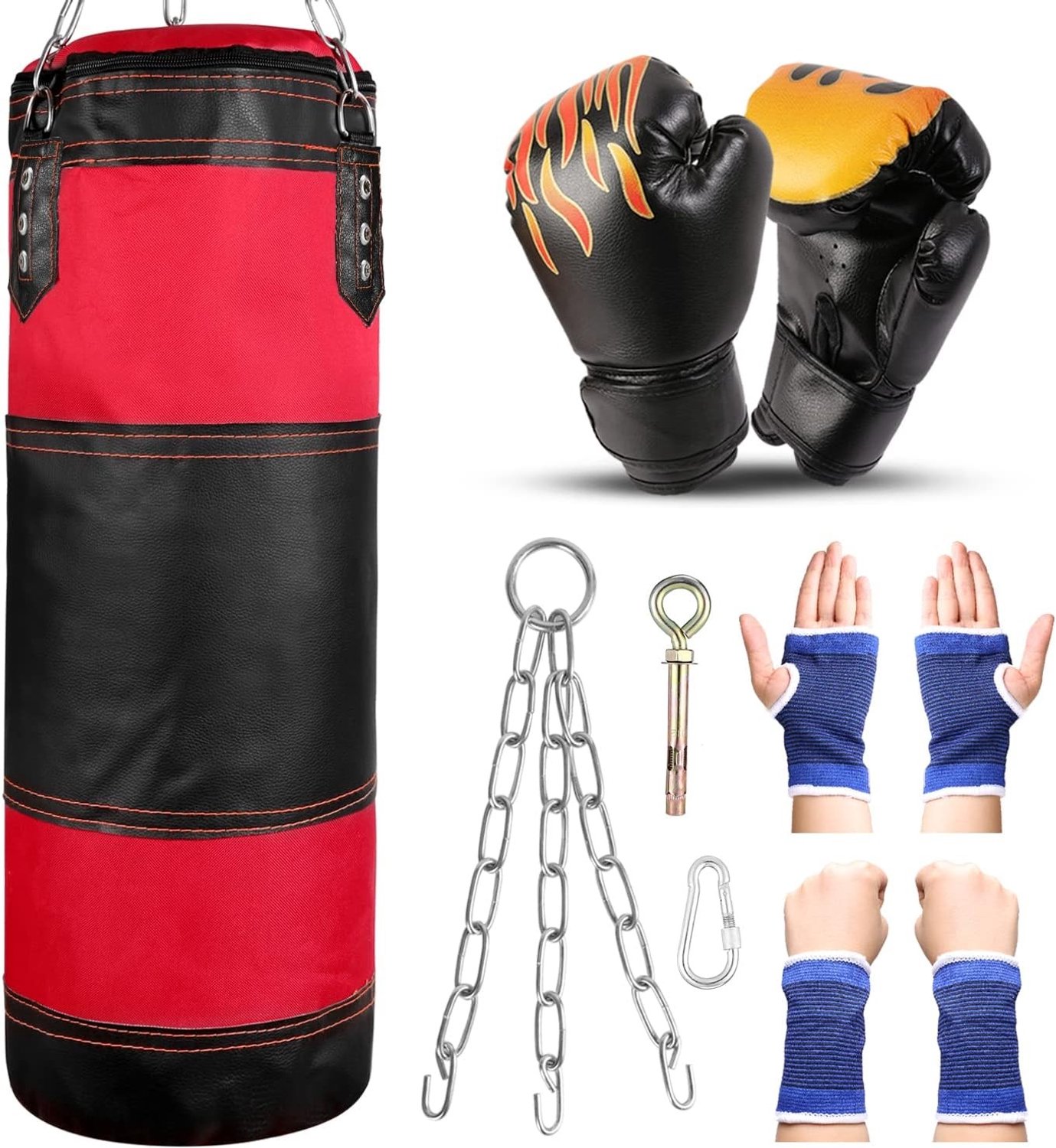 7-in-1 Punching Bag Set voor Kinderen - 2FT Kickbokszak, 6 oz Bokshandschoenen, Beschermende Mouwen en Ophangmateriaal