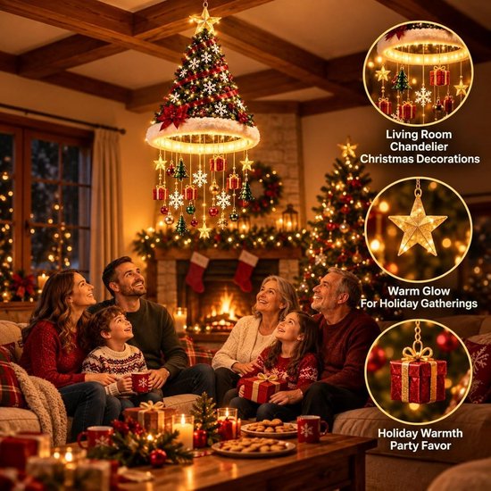 Gezin in woonkamer onder hangende kerstboomdecoratie met warme lichtjes. Tekst: Living Room Chandelier, Warm Glow.