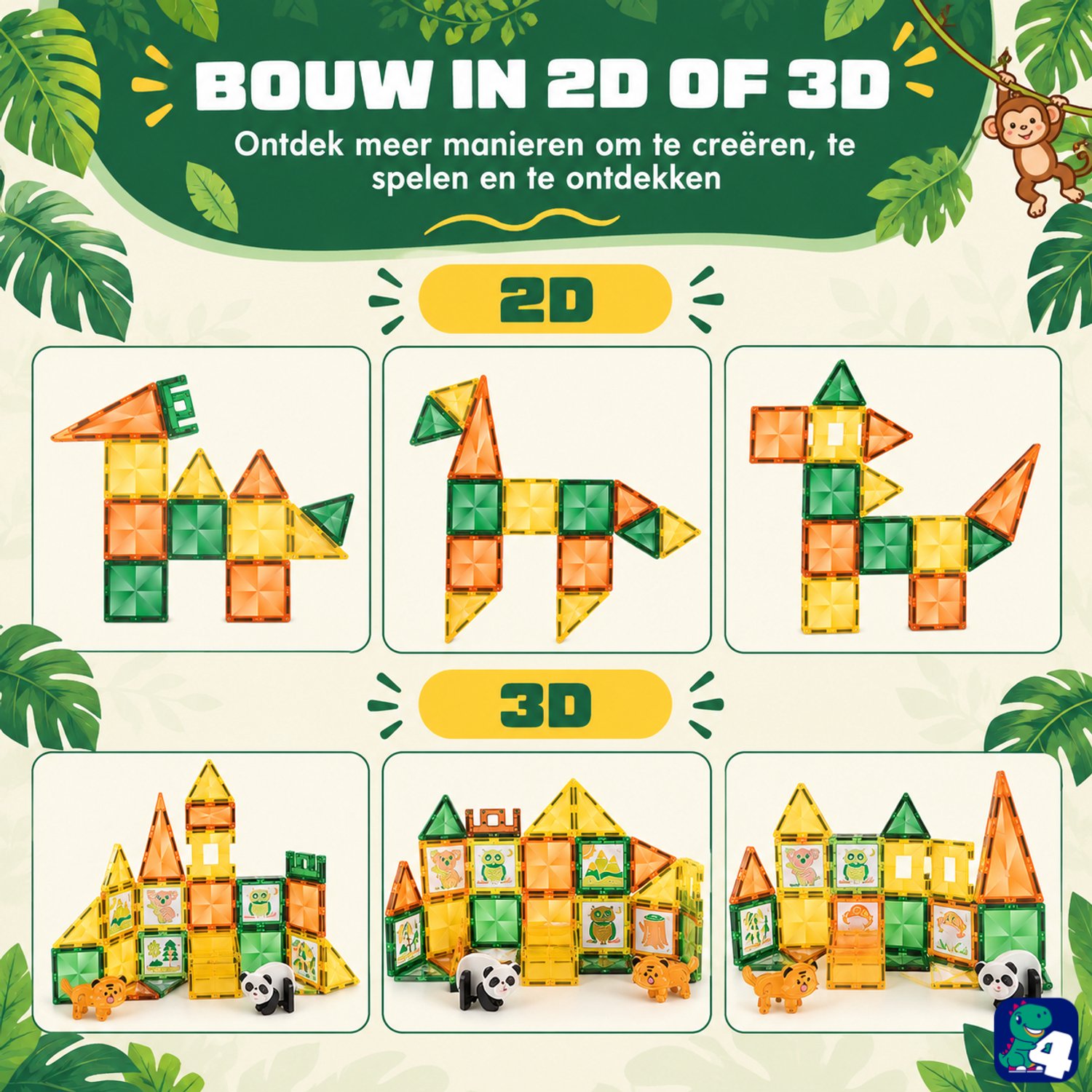 Fits4Kids® Magnetic Tiles - 47 Stuks - Magnetisch Speelgoed - Jungle Thema - Magnetische Tegels - Magna Constructiespeelgoed - Bouwstenen - 3 4 5 6 7 8 Jaar — afbeelding 2