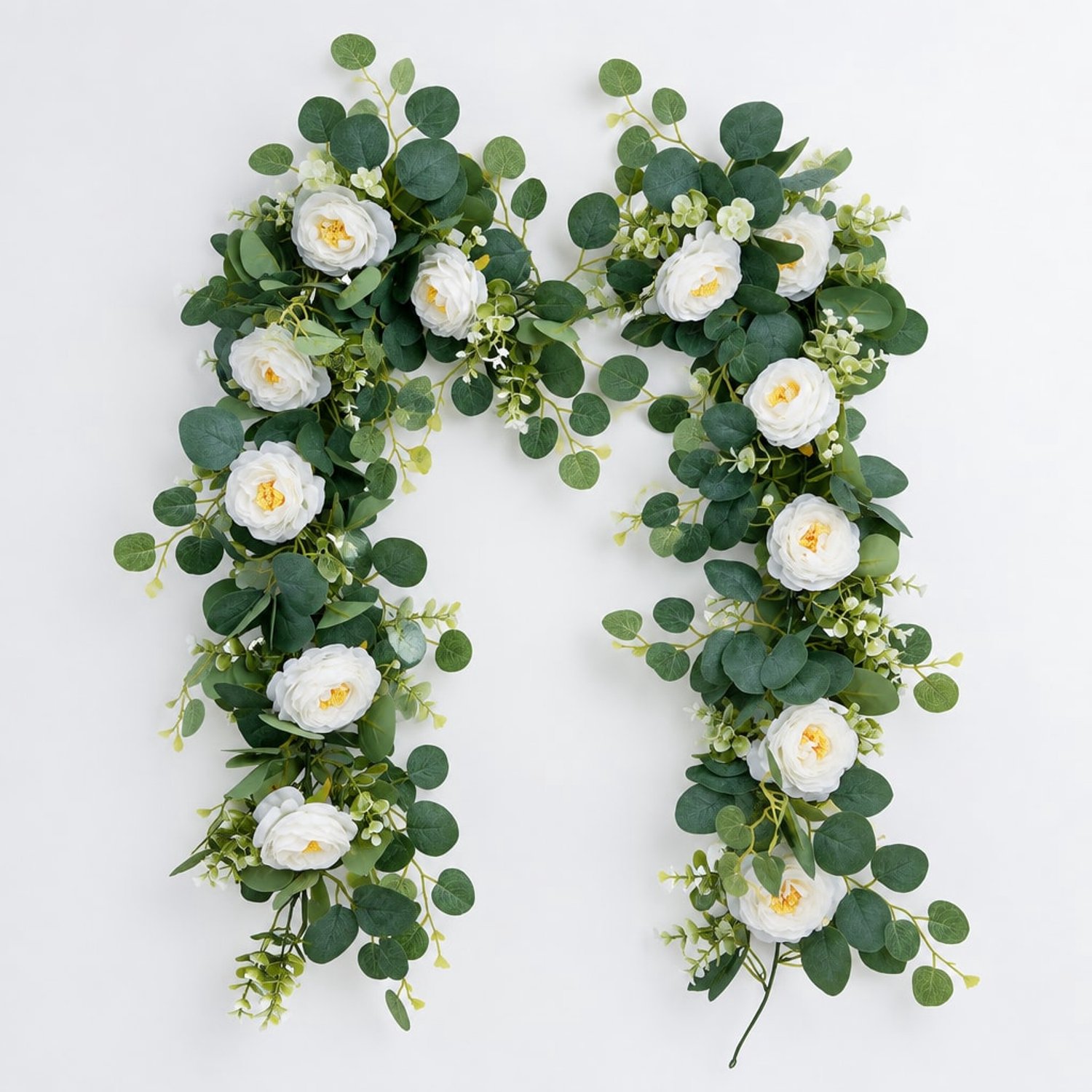 YYchan Kunstplant Eucalyptus Slinger met Witte Bloemen - Set van 2 - Groen en Wit
