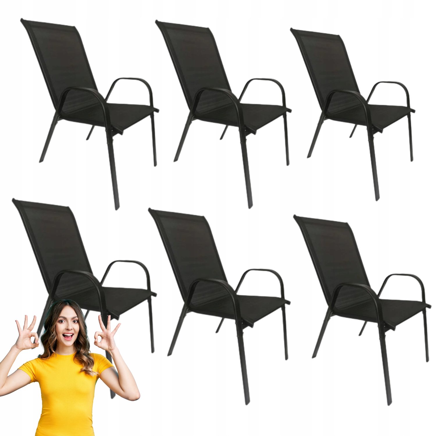 Set van 6 Metalen Tuinstoelen - Zwart, Modern & Duurzaam