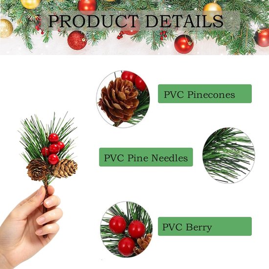 12 stuks plastic kersthulsttwijgen dennenprikkels met rode bessen dennen naalden kegels voor doe-het-zelf kerstkrans decoraties ambachten kerstboom ornament — afbeelding 3
