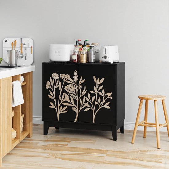 Vintage buffetkast, 80 cm, met gesneden meubels en opbergruimte, dressoir met 2 deuren en verstelbare planken, voor woonkamer, keuken, eetkamer — afbeelding 3