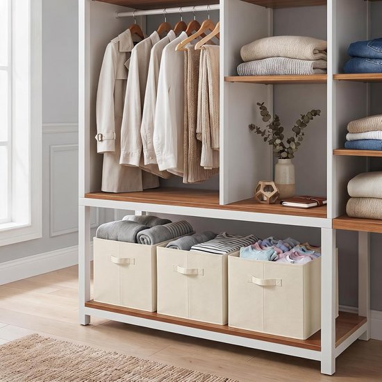 Set van 2 opvouwbare opbergkubussen van vliesstof, 33 × 38 × 33 cm, grote opbergmanden met één handvat, opvouwbare opbergdozen, beige — afbeelding 5