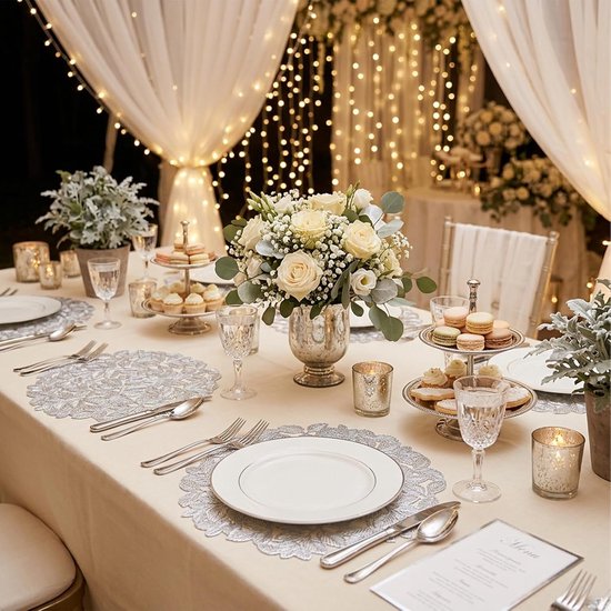 4 stuks placemats met zilveren bladeren, rond, afwasbaar, zilveren placemats, antislip, voor Kerstmis, vuilafstotend, voor Kerstmis, feesttafel, decoratie voor bruiloft, feest — afbeelding 3