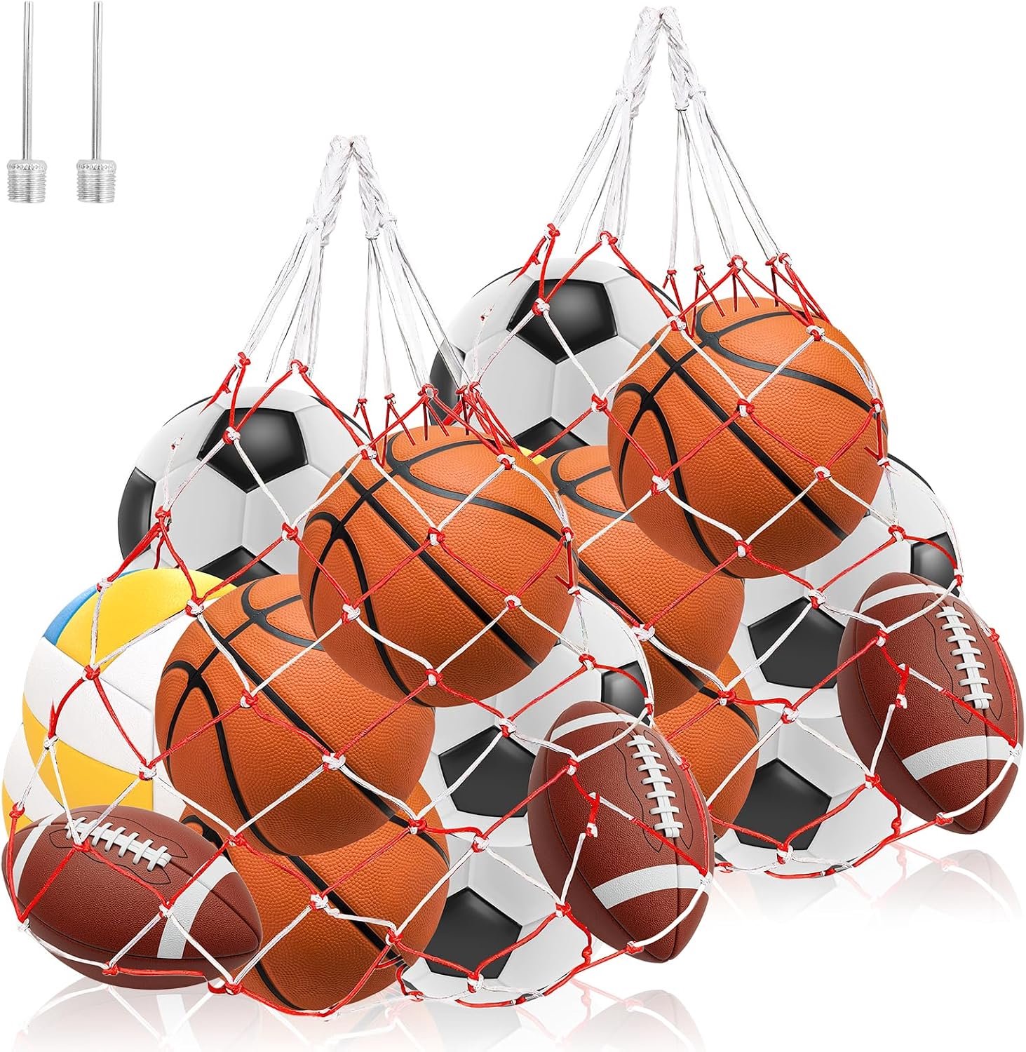 Basketbalnet, 2 stuks, ballendraagnet geschikt voor 10 ballen, draagbaar nylon, obuste balnet, voetbalnettas, mesh draagnet met trekkoord, met 2 bollennaalden