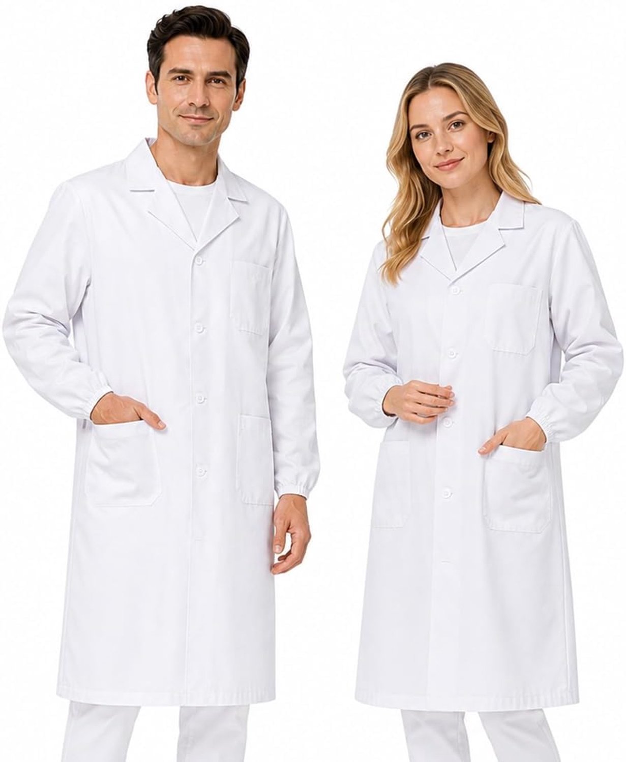 Witte jas, unisex laboratoriumjas van katoen (lange mouwen) voor dames en heren – geschikt voor artsen, scheikundestudenten, verpleegkundigen, cosplay en werkkleding (maat XL)