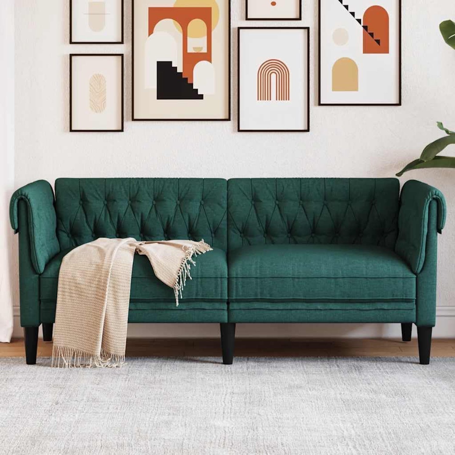 Chesterfield-bank, 2-zits, donkergroen, stoffen bank met klassiek design en opgerolde armleuningen voor een comfortabel zitgevoel in de woonkamer