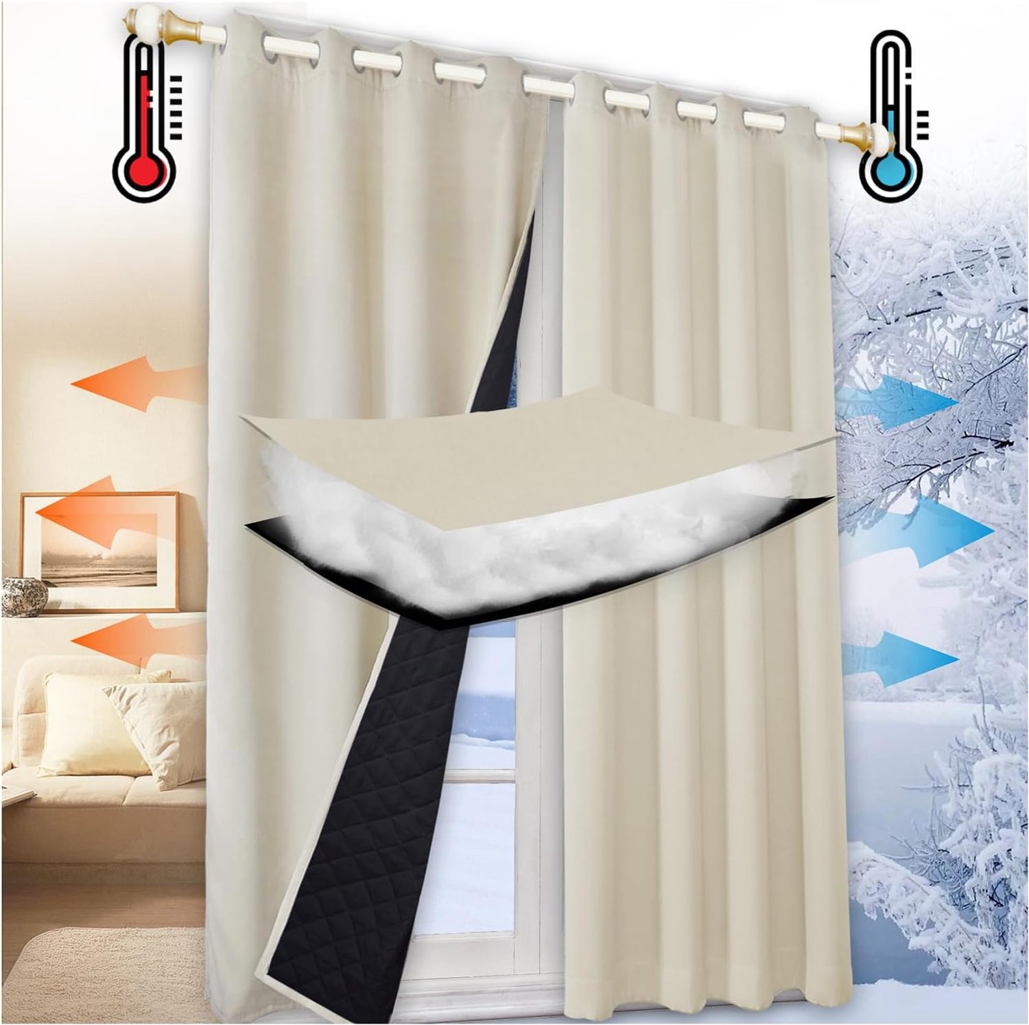 Winter thermische buitengordijnen, waterdicht, W102 108 inch slaapkamer, kamer, gordijnen voor tuin, patio, winddicht, verduisterend, geïsoleerd, tule gordijnen, set van 2