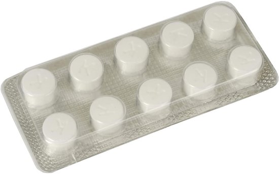 Blisterverpakking met tien witte reinigingstabletten voor koffiemachines.