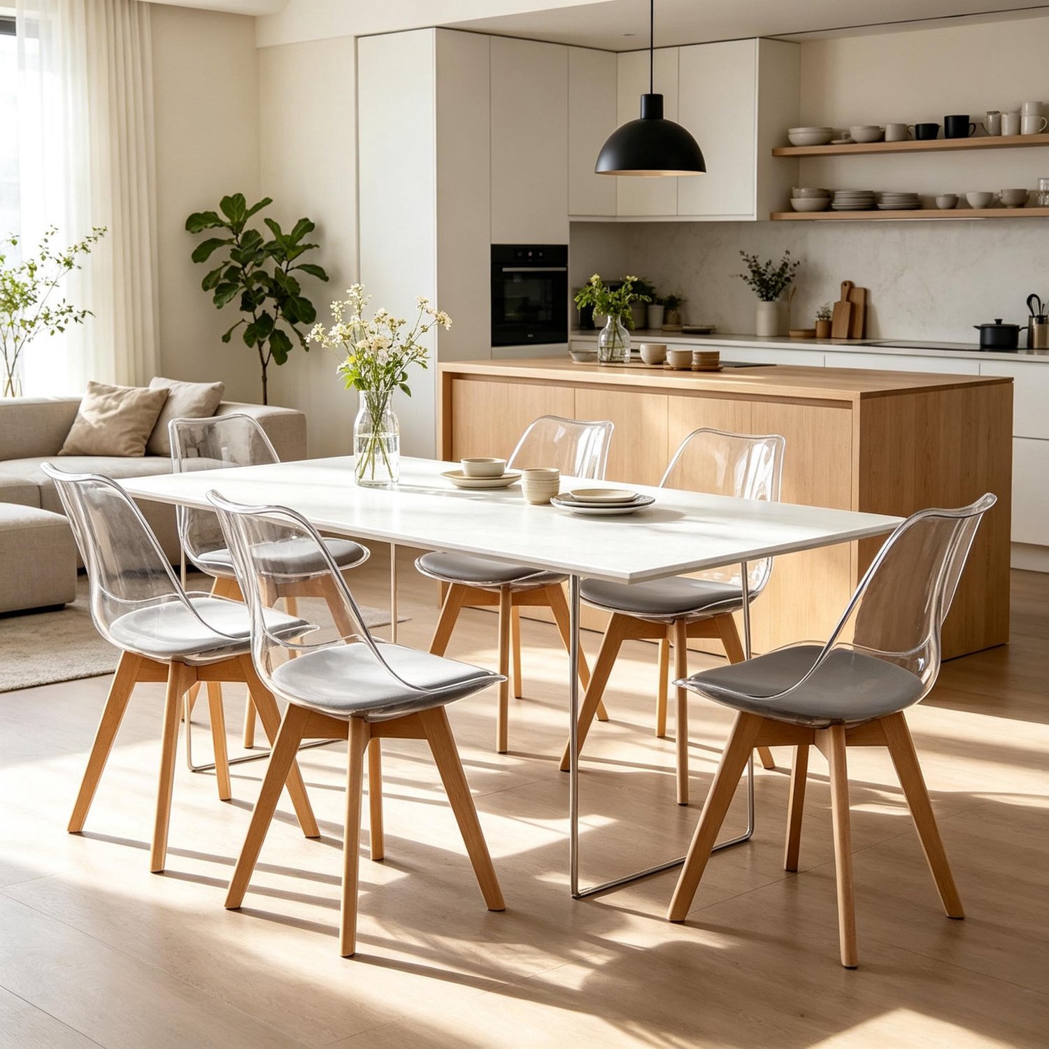 OKWISH Eetkamerstoelen Set van 6 - Kuipvorm met Zachte Zitkussens - Voor Eetkamer en Woonkamer - Kunststof en Hout - Grijs