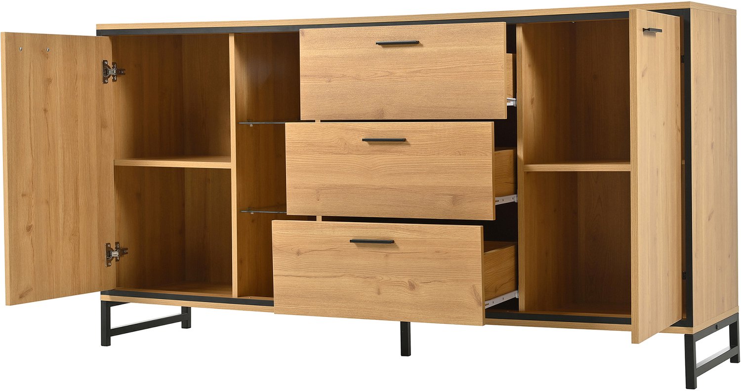 Ropilly Dressoir met drie laden - 160 x 40 x 85 cm - met deuren en verstelbare planken - zwart en houtkleur - voor woonkamer of eetkamer