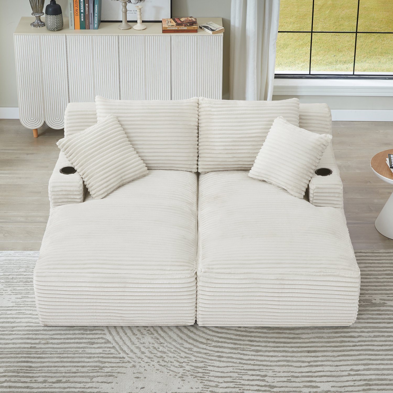 OKWISH Slaapbank voor Twee Personen - Dubbele Ligplek met Bekerhouders - Zonder Montage - Woonkamer en Slaapkamer - Ribstof - Beige Wit