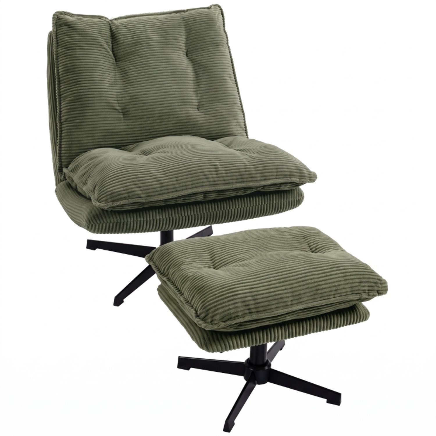 OKWISH Relaxfauteuil 82 x 74 x 89 cm - 360 Graden Draaibaar met Verstelbare Hocker - Voor Woonkamer en Leeshoek - Polyester Ribfluweel - Groen