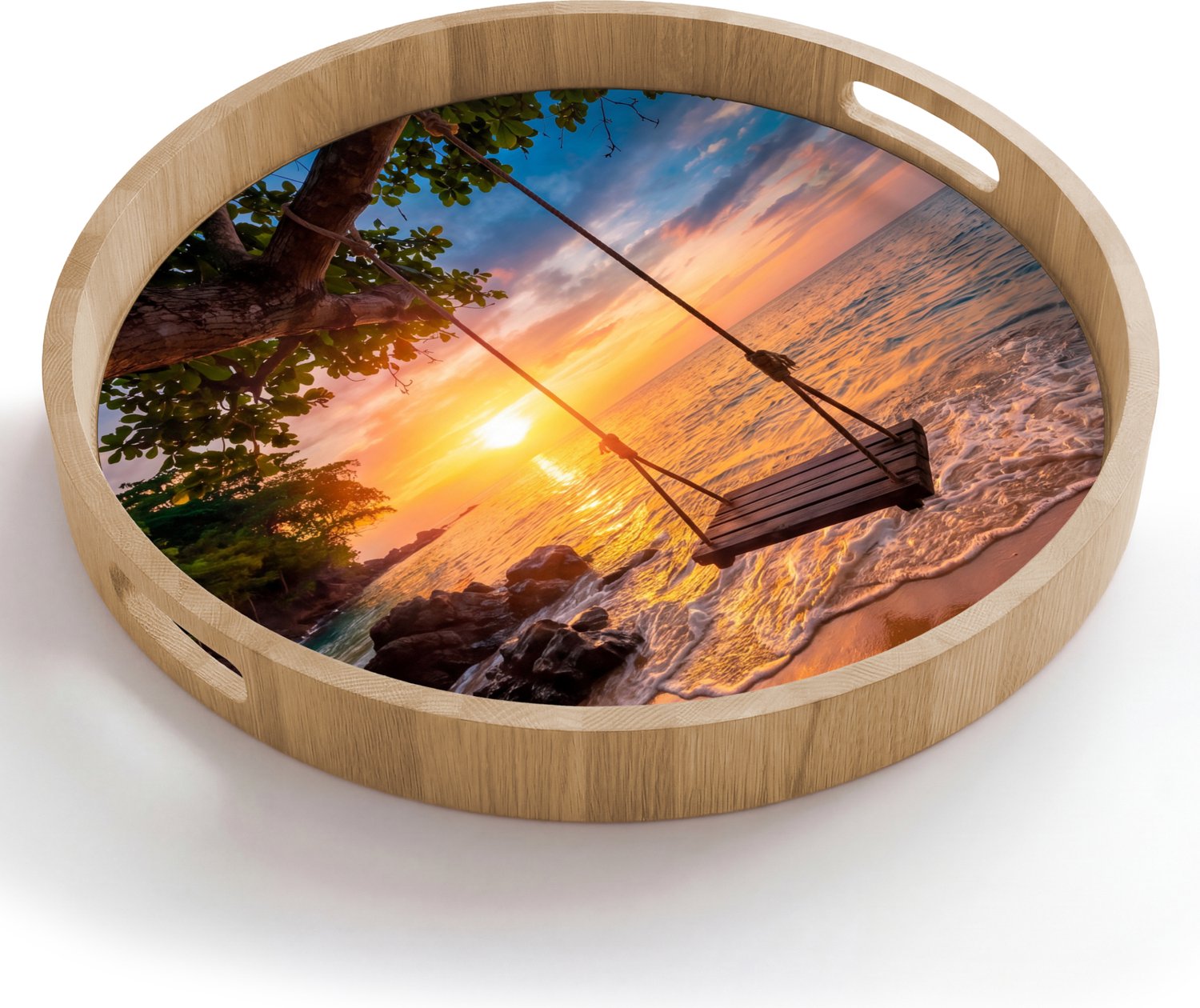 Dienblad rond 50x50 cm - Schootdienblad hout - Schommel - Strand - Zonsondergang - Natuur - Oranje - Borrelplank rechthoek - Plateau houten dienbladen