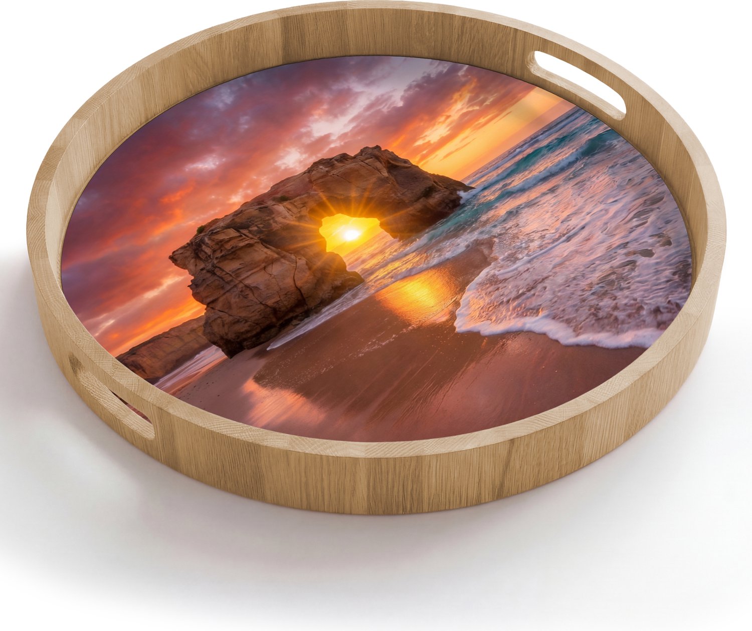 Dienblad rond 50x50 cm - Schootdienblad hout - Kust - Rots - Zonsondergang - Zee - Natuur - Borrelplank rechthoek - Plateau houten dienbladen