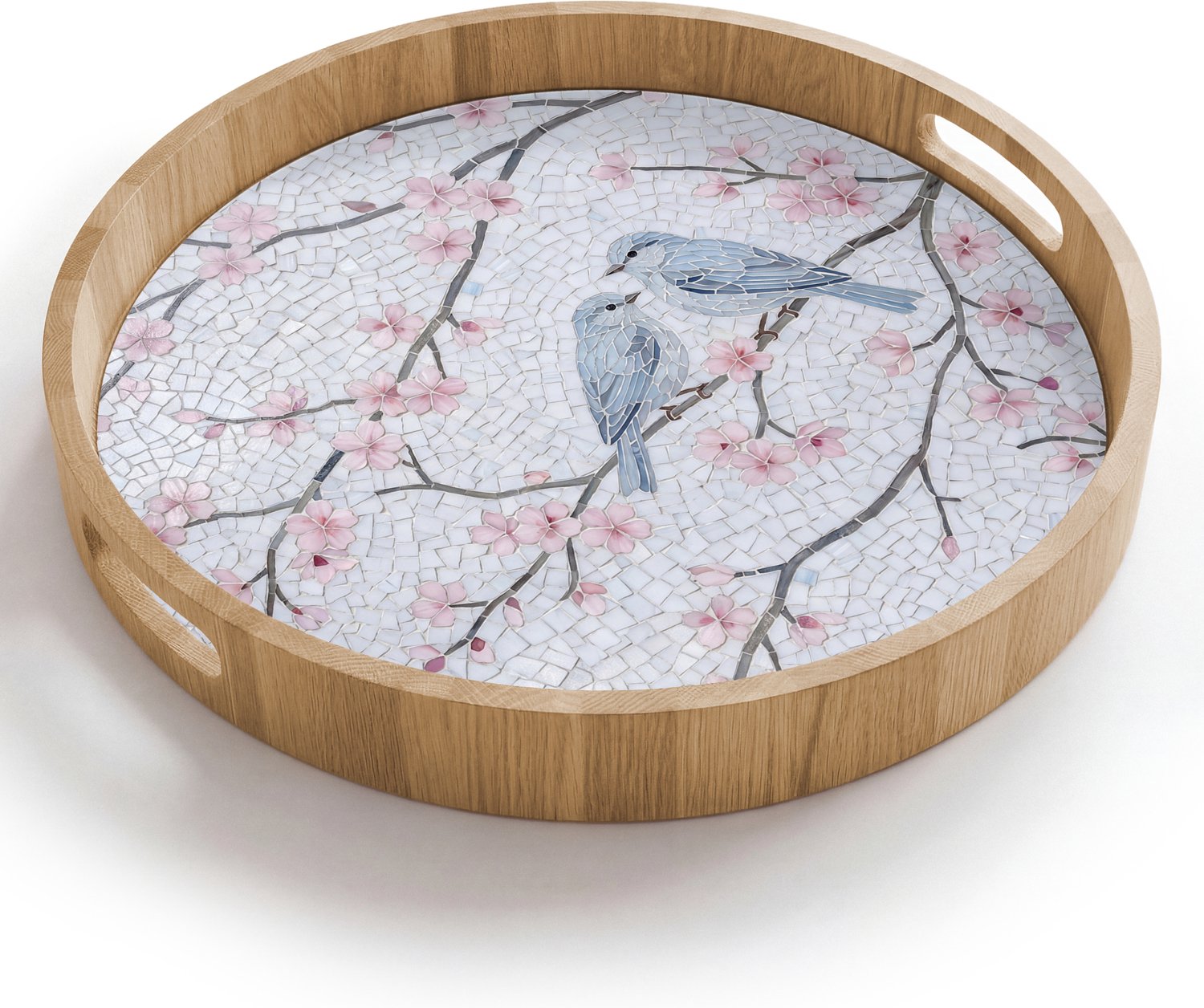 Dienblad rond 40x40 cm - Schootdienblad hout - Vogel - Bloemen - Natuur - Mozaïek - Roze - Borrelplank rechthoek - Plateau houten dienbladen