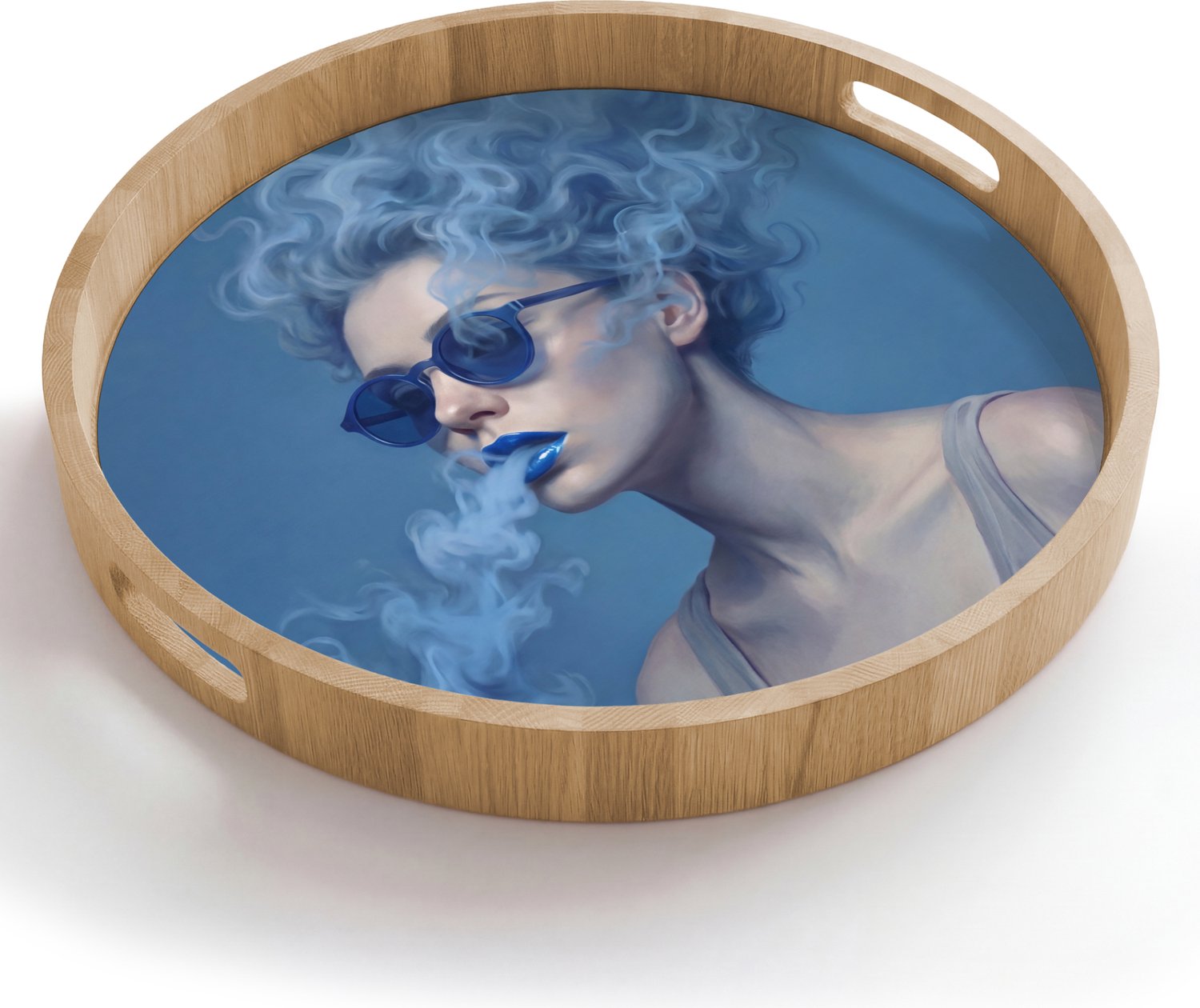Dienblad rond 50x50 cm - Schootdienblad hout - Portret - Zonnebril - Rook - Abstract - Blauw - Borrelplank rechthoek - Plateau houten dienbladen