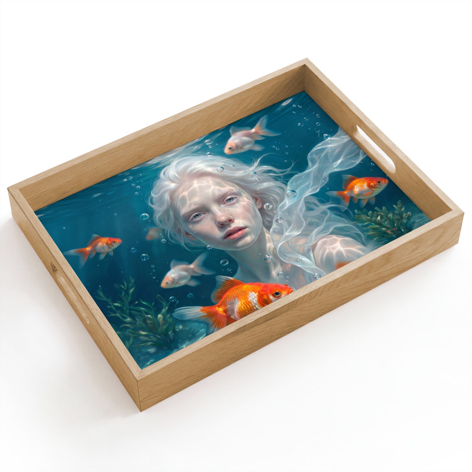 Dienblad hout 40x30 cm - Schootdienblad - Mens - Onderwater - Vis - Modern - Blauw - Borrelplank rechthoek - Plateau dienbladen