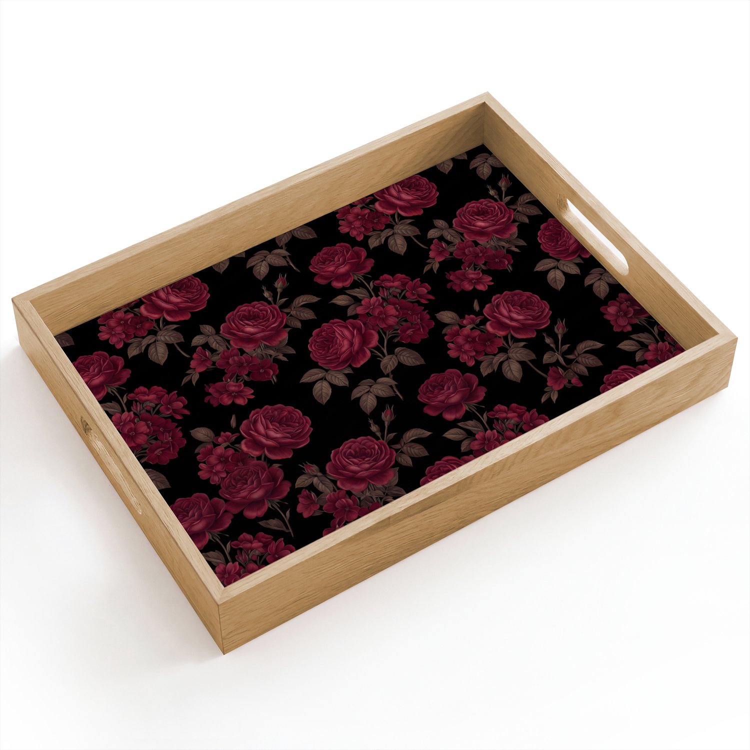 Dienblad hout 40x30 cm - Schootdienblad - Bloemen - Roos - Patroon - Klassiek - Rood - Borrelplank rechthoek - Plateau dienbladen