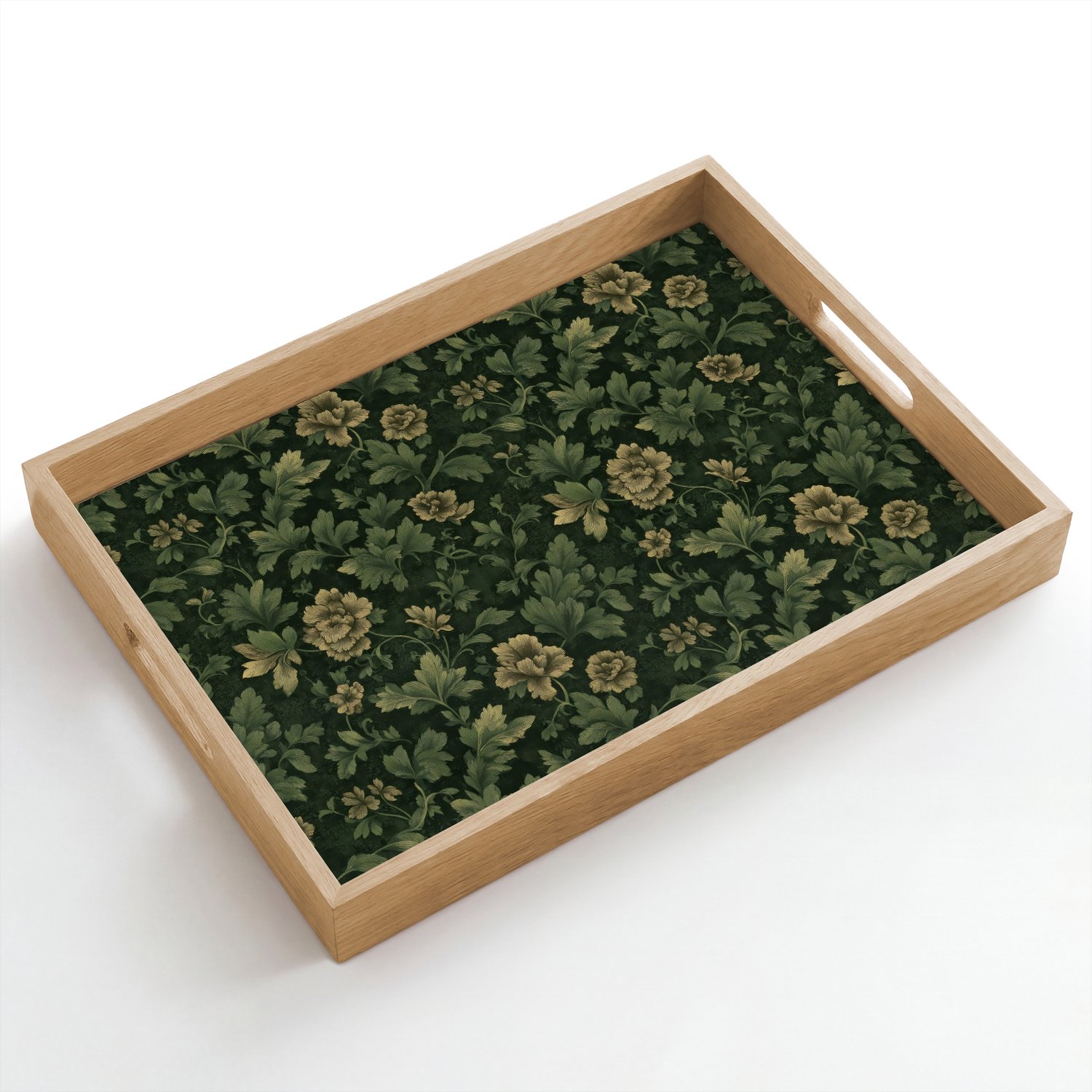 Dienblad hout 50x35 cm - Schootdienblad - Donker - Groen - Goud - Botanisch - Borrelplank rechthoek - Plateau dienbladen
