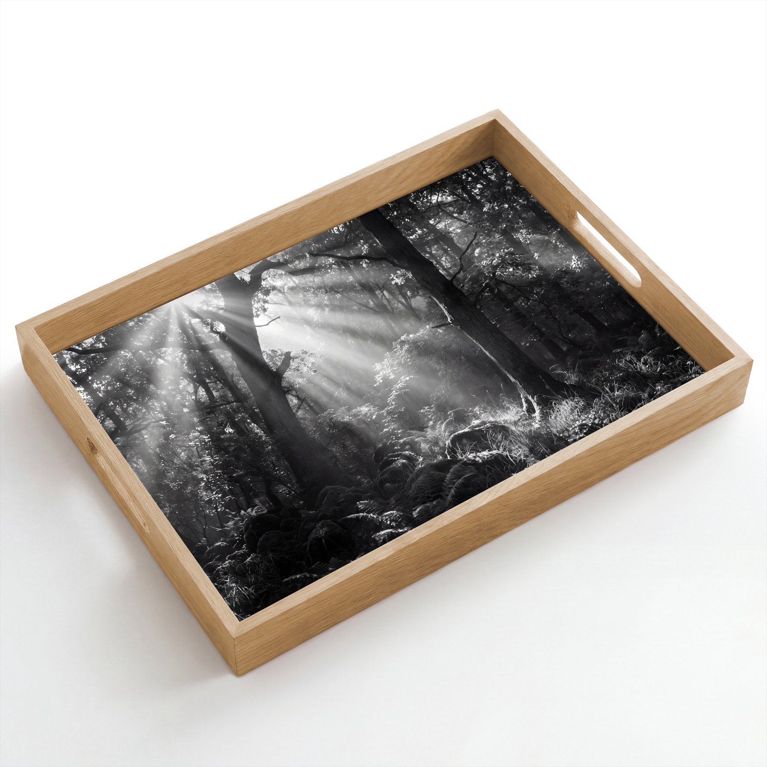 Dienblad hout 50x35 cm - Schootdienblad - Bos - Lichtstralen - Natuur - Zwart-wit - Borrelplank rechthoek - Plateau dienbladen