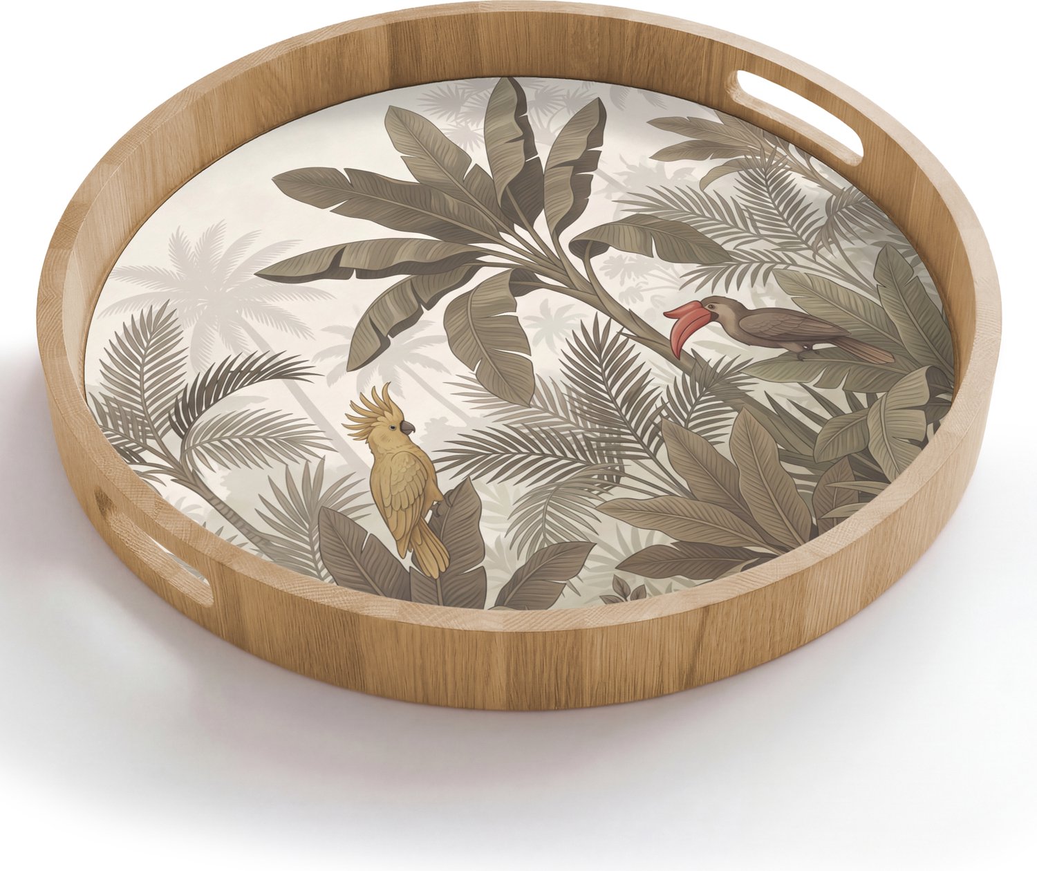 Dienblad rond 50x50 cm - Schootdienblad hout - Vogel - Jungle - Tropisch - Illustratie - Groen - Borrelplank rechthoek - Plateau houten dienbladen