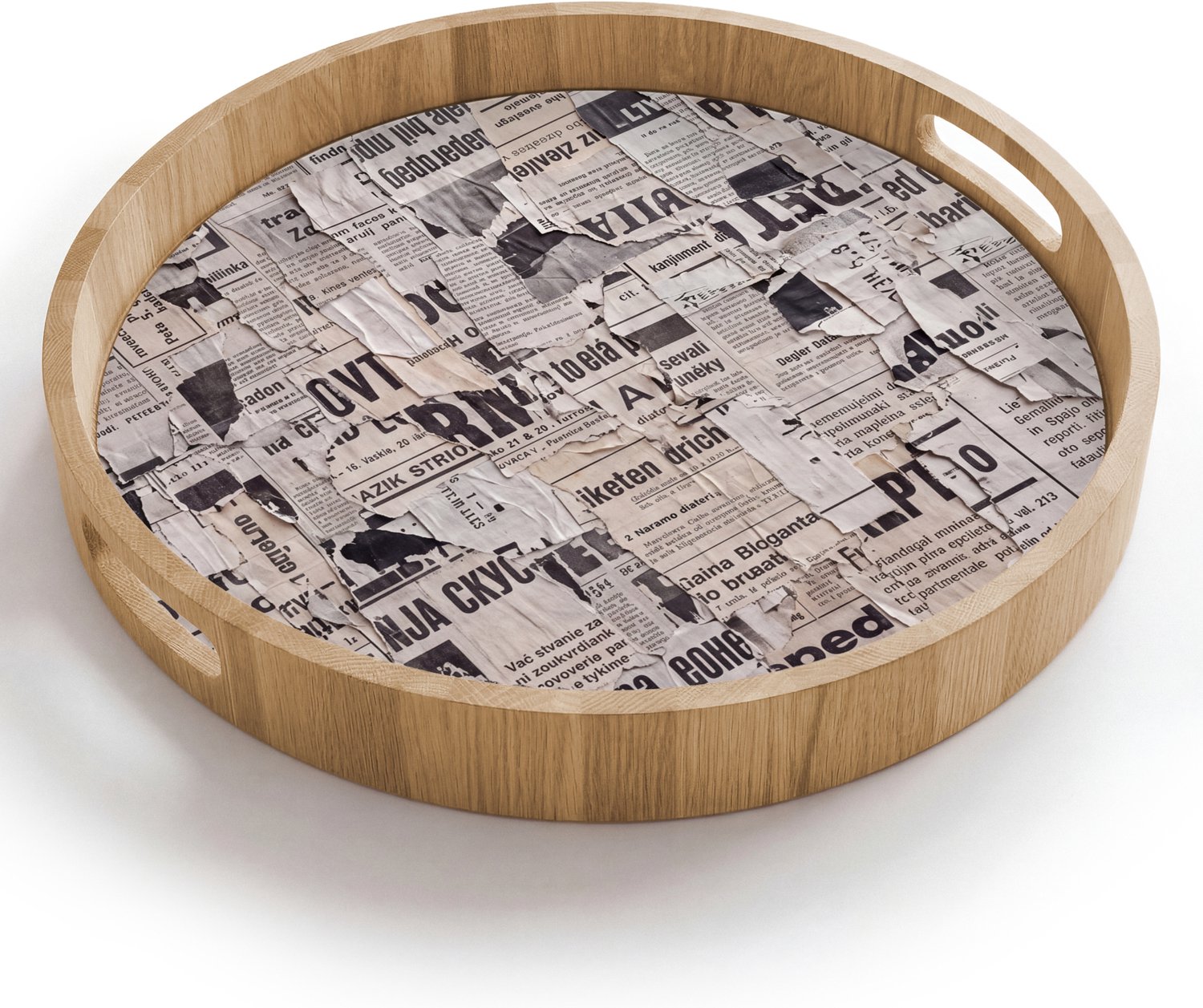 Dienblad rond 40x40 cm - Schootdienblad hout - Krant - Gescheurd - Textuur - Abstract - Zwart-wit - Borrelplank rechthoek - Plateau houten dienbladen