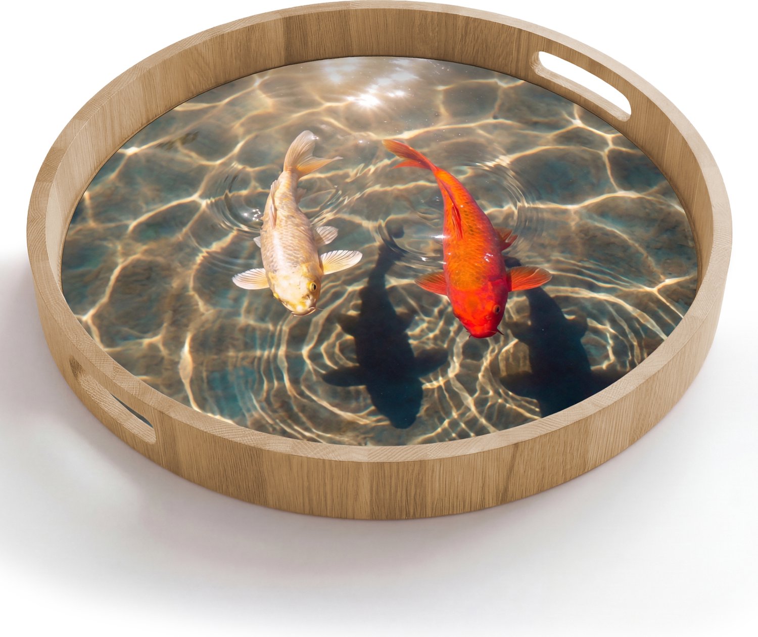 Dienblad rond 50x50 cm - Schootdienblad hout - Vis - Water - Dieren - Oranje - Goud - Borrelplank rechthoek - Plateau houten dienbladen
