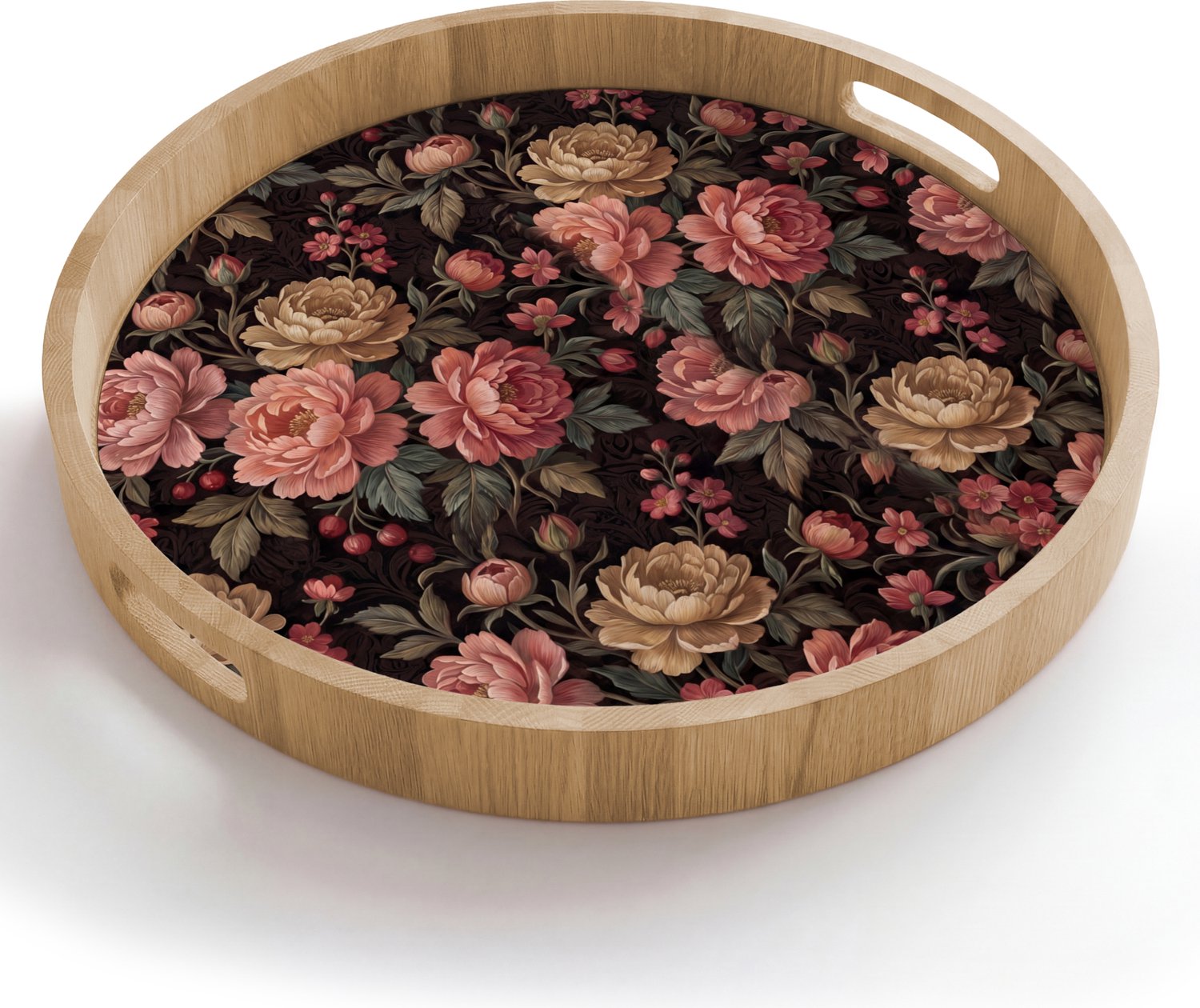Dienblad rond 50x50 cm - Schootdienblad hout - Bloemen - Patroon - Natuur - Vintage - Roze - Borrelplank rechthoek - Plateau houten dienbladen