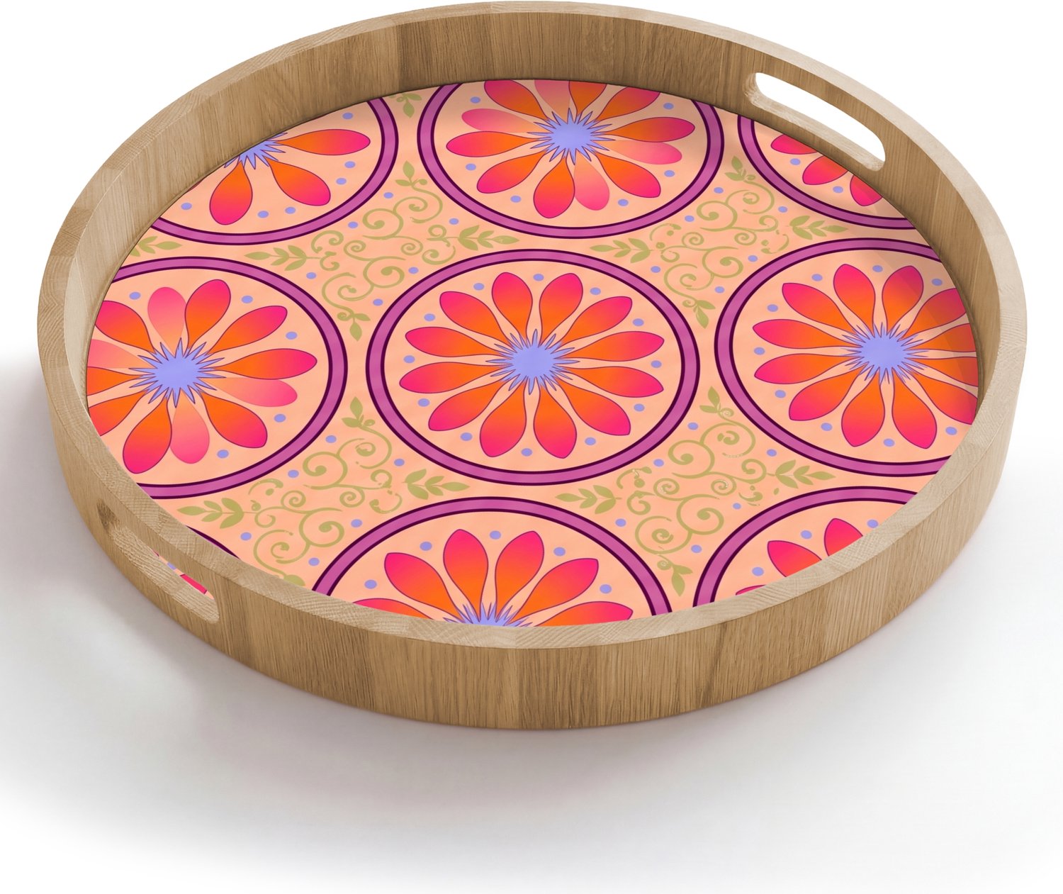 Dienblad rond 50x50 cm - Schootdienblad hout - Patroon - Bloemen - Decoratief - Kleurrijk - Modern - Borrelplank rechthoek - Plateau houten dienbladen